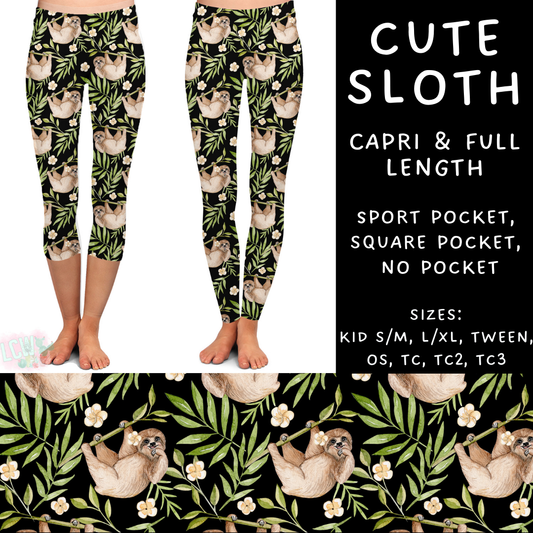Ready To Ship - Cute Sloth Full and Capri Length Leggings No Pocket OS, Square Pocket TC2