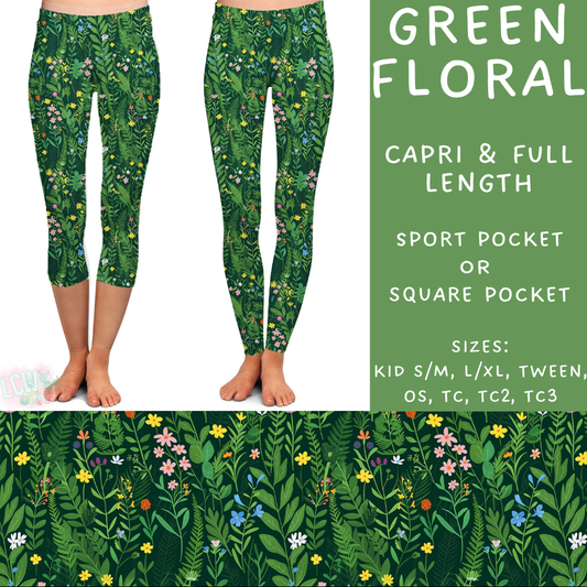 Ready To Ship - Green Floral Full Length Leggings Sport TC2, Square TC2, Capri Square TC2